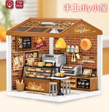 Handmade DIY Miniature House Scene Assembly Super World Kitchen Bakery Building Blocks Children Educational Toy Gift for Girls