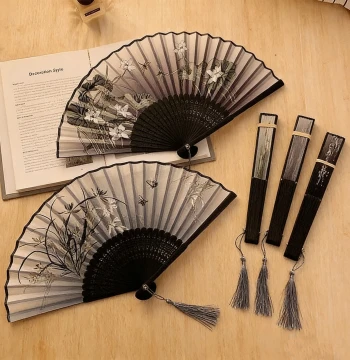 Chinese Folding Fan, Portable Ancient Style Hanfu Costume Dance Traditional Cheongsam Summer Black Bamboo Fan
