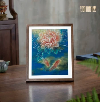 Tong Shifu Hand-Engraved Copper Sculpture Painting 'Peony and Koi (Desktop)' Decorative Art
