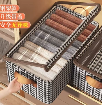 Large Capacity Clothes and Pants Storage Box with Lid, Foldable Steel Frame Closet Organizer with Layered Compartments