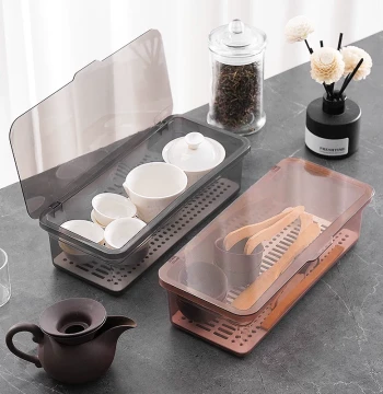 Tea Set Storage Box with Dust-Proof Lid for Desktop; Holds Kung Fu Tea Cups, Tea Leaves, Bowls, and Teapots; Stackable Organizer Rack