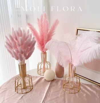 Light Luxury Pink Pampas Grass and Lagurus Ovatus Dried Flower Bouquet Ornament, Natural Air-Dried Real Flowers for Nordic Living Room Decor