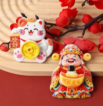 New Year Magnetic Sticker: Shaking Head God of Wealth and Lucky Cat, Fortune Magnet Ornament, 3D Magnetic Fridge Decoration