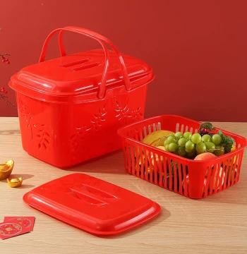 Household Double-Layer Plastic Basket with Lid, Extra-Large Red Shopping Basket for Groceries, Fruits, Snacks, Worship Offerings, Storage, and Picnic Hand-Carry Use