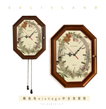 French Vintage Solid Wood Decorative Clock Octagonal Storage Box Key Holder Silent Clock Atmosphere Hanging Ornament Decorative Painting