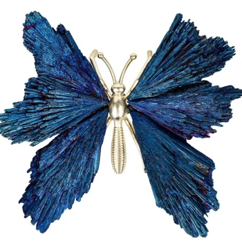 Export New Arrival Natural Fan-Shaped Tourmaline with Blue Plated Butterfly Design - Desktop Ornament Raw Stone Mineral Craft Wholesale