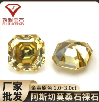 Golden Natural Color Asscher Cut Moissanite Loose Stone, Square Beveled Flat Cut, Colored Fancy Shape Moissanite for Live Streaming Wholesale