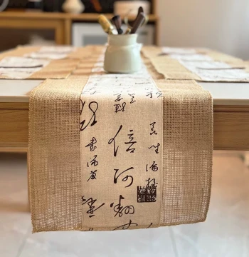 New Chinese Style Jute Table Runner, Calligraphy Fabric Tea Mat, Handmade Coarse Linen Zen Tea Towel, Coarse Cloth Tea Pad, Cotton-Linen Fabric