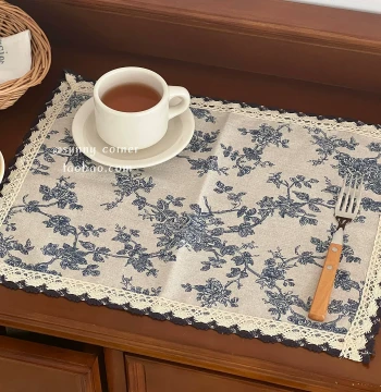 Vintage French Blue Floral Fabric Placemat Heat Insulation Pad, Instagram Style Table Mat, Western Dining Placemat, Photo Decor Background Cloth