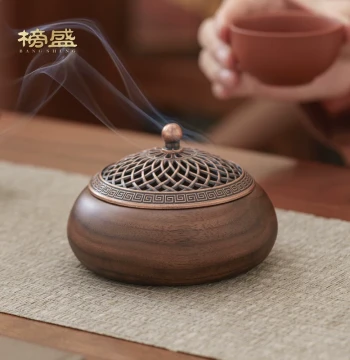 Black Walnut Wood Incense Burner, Home Chinese Solid Wood Ornament, Sandalwood Agarwood Coil Incense Holder for Tea Ceremony Worship