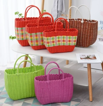 Plastic Woven Shopping Basket - Colorful Handheld Grocery Tote, Bath Basket, Bathroom Storage, Picnic Organizer