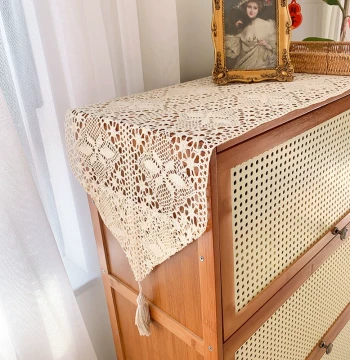 American Country Style Table Runner with Hollowed-Out Vintage Cotton Crochet Lace, Mori Style Cover Cloth for TV Stand and Coffee Table