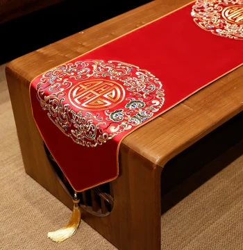 Red Wedding Table Runner - Traditional Chinese 'Double Happiness' Decor for Tea Tables, TV Stands, and Dining Tables