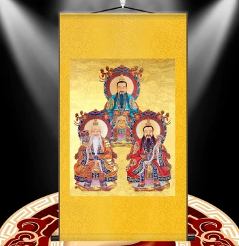 Three Pure Ones Ancestor Portrait Hanging Scroll; Daoist Ritual Water and Land Painting of Yuanshi, Daode, and Lingbao Celestial Venerables for Buddha Hall Worship and Decoration
