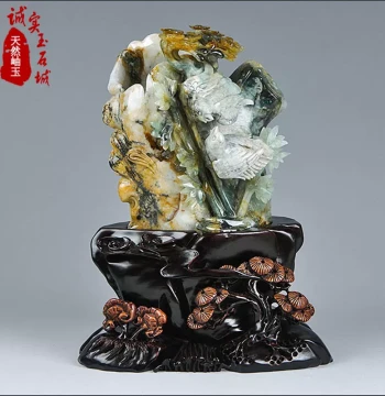 Xiuse Natural Flower Jade Carving, Hand-Engraved Jade Brush Pot, Home Decor and Collectible Craft