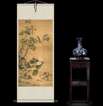 Ma Quan's 'White-Headed Crane Symbolizing Honor and Nobility' and 'Three Rams Bringing Prosperity' – Flower-and-Bird Silk Scroll Paintings for Living Room and Home Decoration