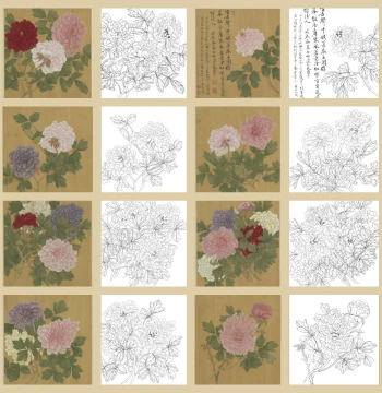 Single Option: Gongbi Painting Printed Bai Miao Underdrawing; Square Format Peony Flowers; High-Definition Digital Line Art for Beginner Copying