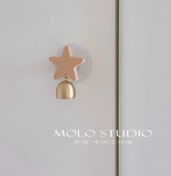 "Star & Moon" Original Solid Wood Doorbell with Copper Chime – Handcrafted Wooden No-Drill Adhesive Hanging Ornament for Home or Store Opening Gifts