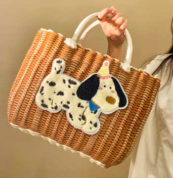 Cute Puppy Imitation Rattan Woven Handheld Vegetable Basket, Grocery Shopping Basket, Outdoor Picnic Carrier, Storage Bin, Bath Basket