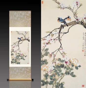 Famous Artist Calligraphy and Painting for Study Decor: Snow Weng's Spring Birds on Branches with Small Red Fruits, Silk Hanging Scroll, Gongbi Flower-and-Bird Painting