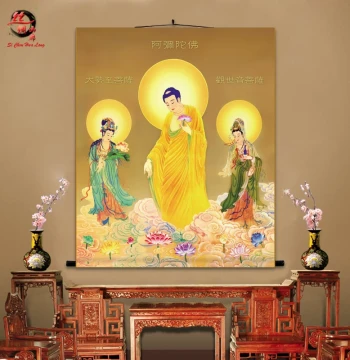 Western Triad Sacred Image Hanging Picture Amitabha Buddha Welcoming Scroll Painting High-Definition Buddhist Hall Silk Fabric Buddha Image