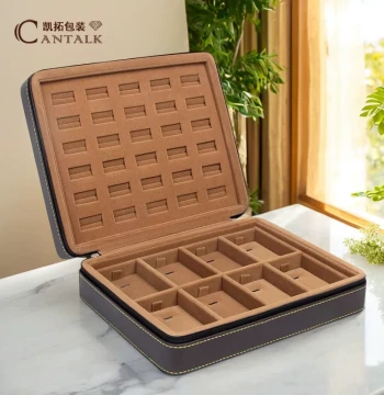 Premium Dzi Bead Storage Box - Leather Zipper Double-Opening Jewelry Case for Rings, Earrings, Necklaces, and Bracelets - Multi-Functional