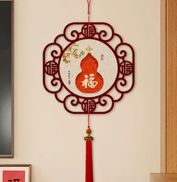 Gourd Chinese Knot Hanging Ornament with Fu and Lu Auspicious Calligraphy, New Chinese Style Living Room Decor, Entryway and Dining Room Wall Art