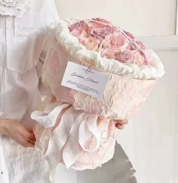 Cherry Blossom Fabric, Integrated Small Fragrant Style Round Bouquet Embroidered Fresh Flower Wrapping Paper, DIY Floral Pink Wrapping Cloth