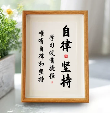 'Self-Discipline and Persistence' Student Inspirational Calligraphy Ornament Frame, Desktop Tabletop Motto, Study Room Artwork Room Wall Hanging