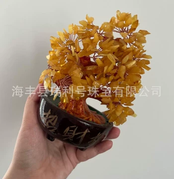 Natural Amber Irregular Shape Money Tree Small Ornament, Natural Raw Ore Amber Irregular Rough Stone, Hand-Woven