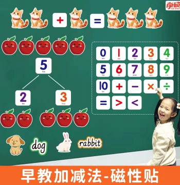 Kindergarten Early Education Math Cards for Numbers Within 10: Magnetic Addition & Subtraction Cards for Children's Enlightenment, Primary School Number Splitting & Combining Teaching Aids with Fruit, Animal, and Food Magnets for Refrigerators