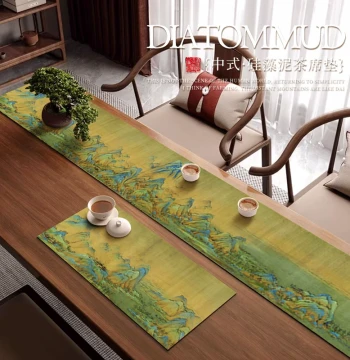 Chinese Style 'A Thousand Li of Rivers and Mountains' Table Runner, Tea Mat, Zen Tea Room Long Cloth, Heat-Resistant Pad, Diatomite Water-Absorbing Mat