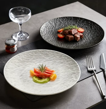 Black Ceramic Steak Dinner Plate with Knife and Fork Set - Premium Western Style Dish for Home Breakfast or Hotel Dining