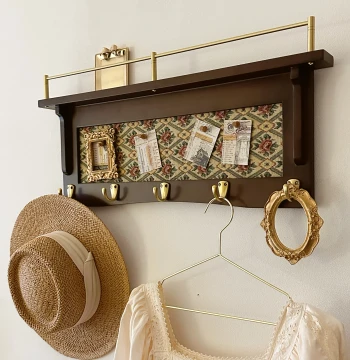 Original French Vintage Cork Bulletin Board & Photo Display, Entryway/Hallway/Bedroom Solid Wood Coat Hooks with Brass Hooks