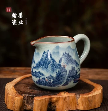 Jingdezhen Ceramic Old Clay Blue-and-White Landscape Pattern Fairness Cup with Handle, Household Chinese Style Tea Divider, Tea Sea, Kung Fu Tea Set