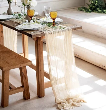 Beige Gauze Crinkled Tea Break Cloth Table Runner, Semi-Transparent Tablecloth, Cream Table Cover for Birthday Parties and Wedding Backdrop Drapes