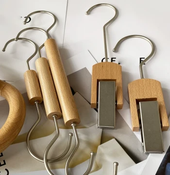 Varnished Beechwood Natural Finish Clothing Store Accessories, Solid Wood Scarf Rings, Wooden S-Hooks, and Single Pants Clips