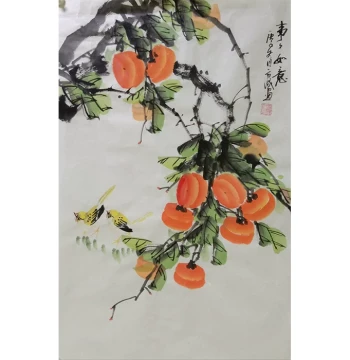 Pure Hand-Painted Four-Foot Three-Open Flower, Bird, and Fruit Chinese Painting for Living Room and Entryway Hanging