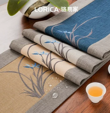 Orchid Embroidery Waterproof Tea Mat, New Chinese Style Zen Tea Table Pad, Chinese Style Table Runner, Tea Station Fabric Long Tea Flag Cloth