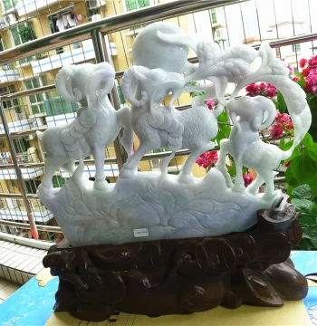 Natural Jadeite Three Goats Bring Prosperity Large Ornament Grade A Old Pit Type Large Piece Fine Carving with Sandalwood Base and Certificate