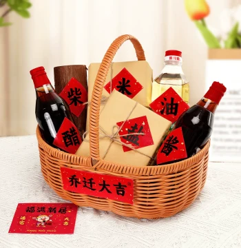 Housewarming Gift Basket for New Home: Handwoven Basket with Essentials (Rice, Oil, Salt, Vinegar, Soy Sauce, Tea) and Moving Stickers