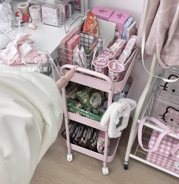 [Super Storage!] Cute Pink Kitten Rolling Cart Shelf Snack Organizer Movable Multi-Layer for Girls