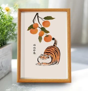 Persimmon Good Fortune Tiger Decorative Painting, Small Size Cute Cartoon Art for Restaurant Wall, Japanese Wood Style Hanging Picture