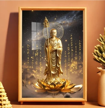 Golden Body Ksitigarbha Bodhisattva Statue Portrait from Jiuhua Mountain, Framed Offering Ornament, Decorative Painting for Home Buddhist Altar