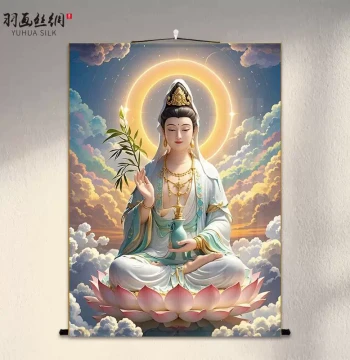 Guanyin Bodhisattva Portrait Wall Art: Silk Scroll Painting for Study, Entryway, Living Room Decor, Hallway, or Sofa Background Wall