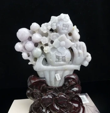 Natural Jadeite 'Blooming Flowers Bring Wealth' Ornament Type A Old Pit Pale Purple Fine Carving with Base and Certificate SG