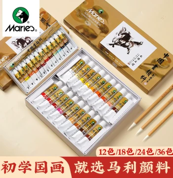 Marie's Chinese Painting Pigment 12-Color 24-Color Ink Wash Painting Tool Set for Elementary Students and Beginners, Gongbi Painting Pigments