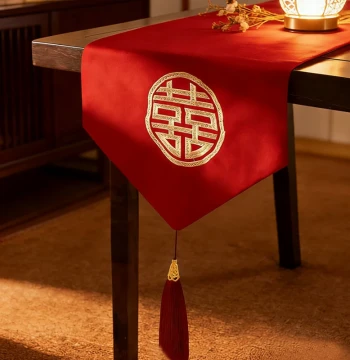Wedding Table Runner Coffee Table Cloth Wedding Chinese Red Double Happiness Dining Table Cover Wedding Tassel Embroidered TV Cabinet Cover
