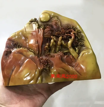 Shoushan Stone Landscape Ornament, Huanglong Jade Raw Stone Carving, Home Decor, Antique-Finished Jade Collectible