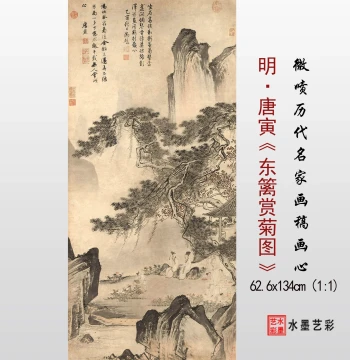 Tang Yin's East Fence Chrysanthemum Appreciation: Ming Dynasty Landscape Painting, Chinese Painting Copying Model, Art Giclée Draft, Painting Core, Tang Bohu